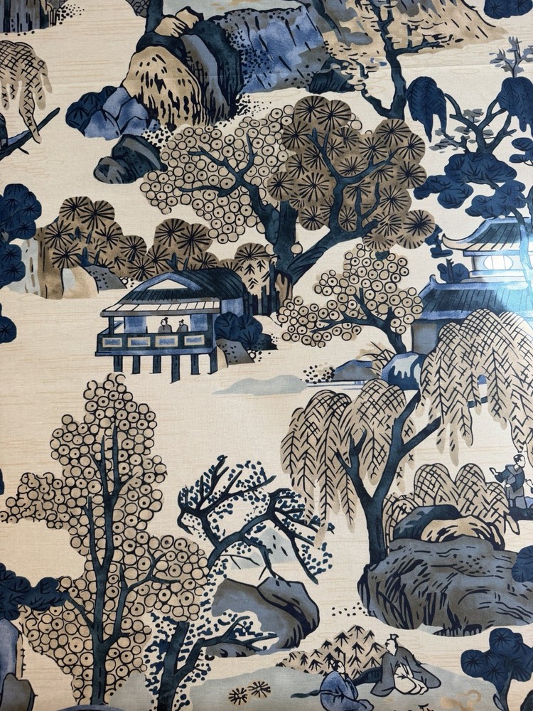 Thibaut F975461 Asian Scenic Blue and Beige Fabric 4 Yards