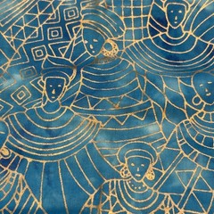 Cotton Quilting Fabric Tribal Print Batik Blue Goddess Gold Outline 3.3 Yd