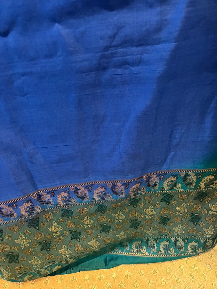 Silk Sari Blue Green Fabric Finished 92 x 44 Brocade