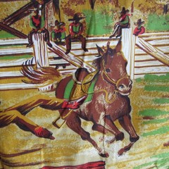 vtg Western Rodeo Fabric Cowboys Horses Ranch Fort Fence 36″ x 44″