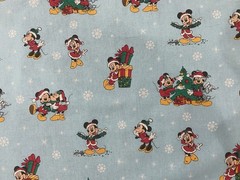 Disney Mickey Friends Christmas Day Print Cotton Fabric 5/8 Yard Light Blue