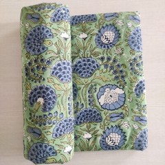 Green and Blue hand Block printed Cotton Fabric By The Yard Cushions Duvet Cover