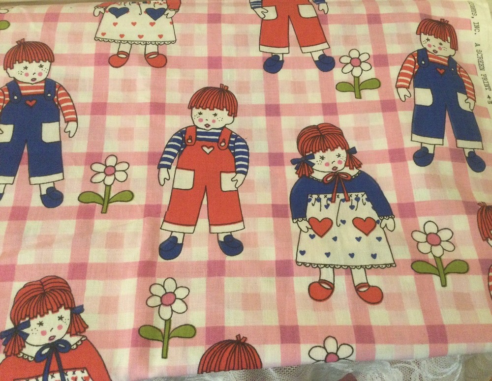 VTG Unused Triple Shield Copr Pink Plaid W/ Rag Dolls Fabric 2yds X 48” Wide