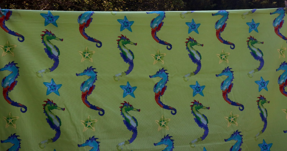 Sea Horse Star Fish Kids Large Print Duck? Fabric Green Blue Multi BTY 60″w