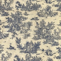 Vtg Extra Wide Blue Linen Toile de Jouy Fabric Remnant 7.8 Yds 62″W x 284″L