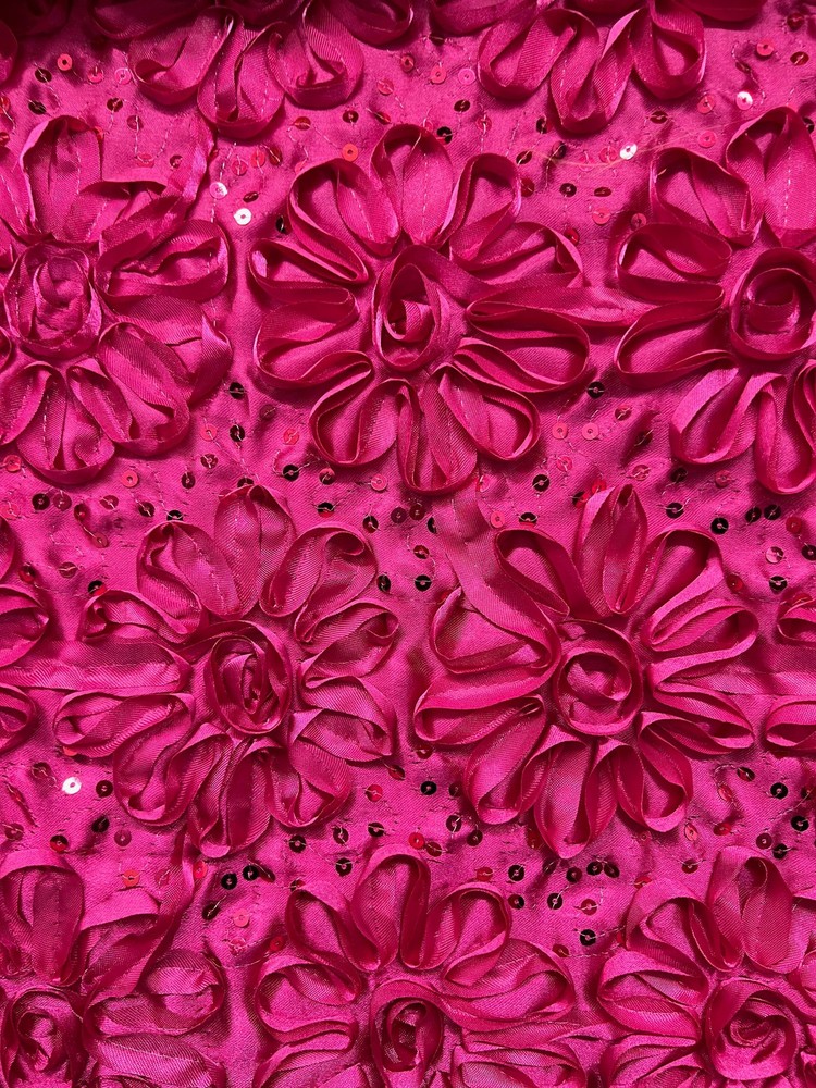 Allie HOT PINK 3D Floral Polyester Satin Rosette with Sequins Fabric by the Yar