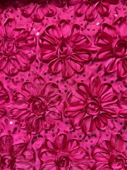 Allie HOT PINK 3D Floral Polyester Satin Rosette with Sequins Fabric by the Yar
