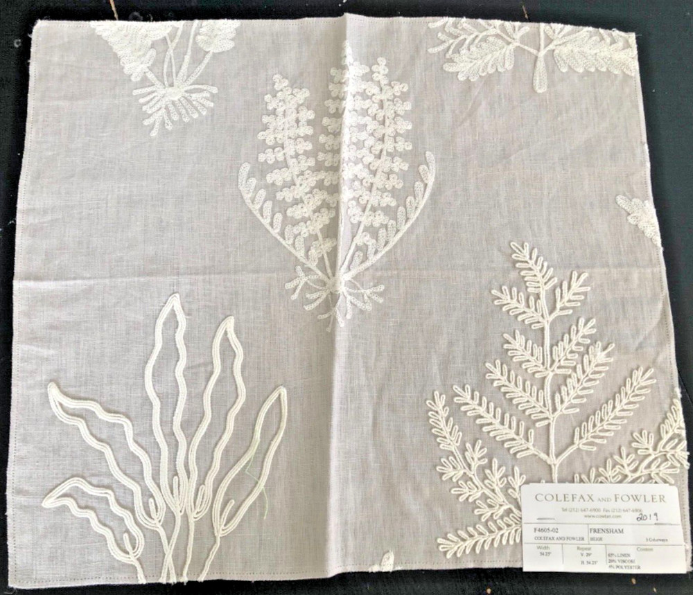 COLEFAX & FOWLER Frensham in Beige 15 3/4 x 18″ Embroidered Fabric Sample