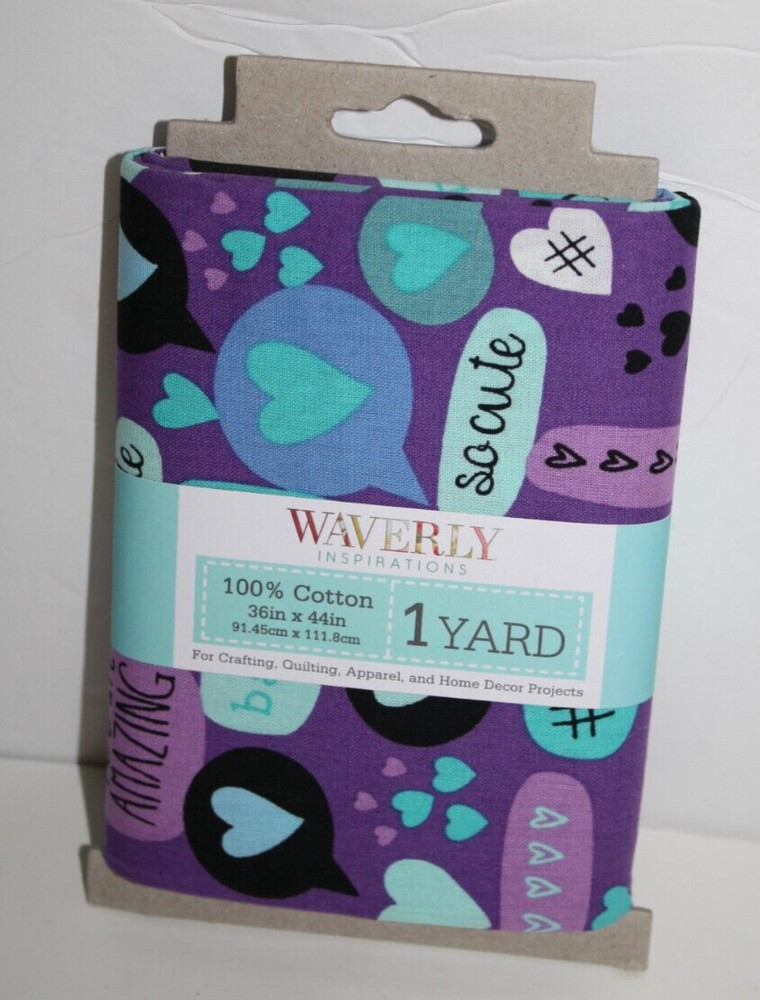 Waverly Purple Blue Fabric So Cute XOXO Hearts 100% Cotton 1 Yard 36 x 44 in NEW