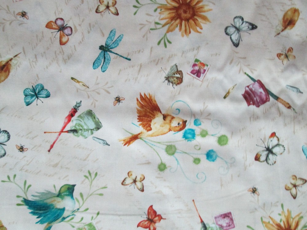 Dragonfly Butterfly Birds Flowers Dragonflies Artist Crearm Cotton Fabric FQ
