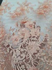 “Peach 3D Floral Beaded Embroidered Lace on Mesh Fabric – Sold by the Yard, Perf