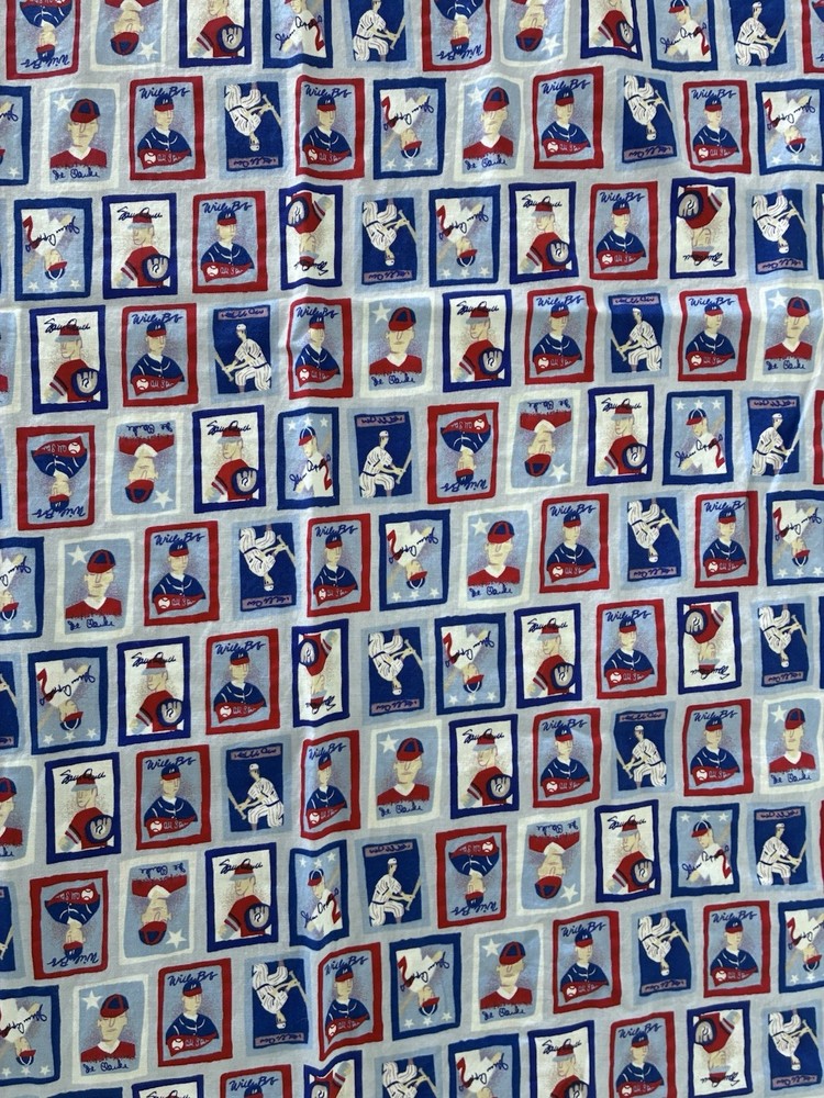 Vintage Baseball Players Cotton Fabric 42″ x 48″ Red White & Blue