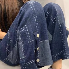 Vintage Washed Denim Fabric Rectangular Grid Splicing Fabric DIY Jacket Pants
