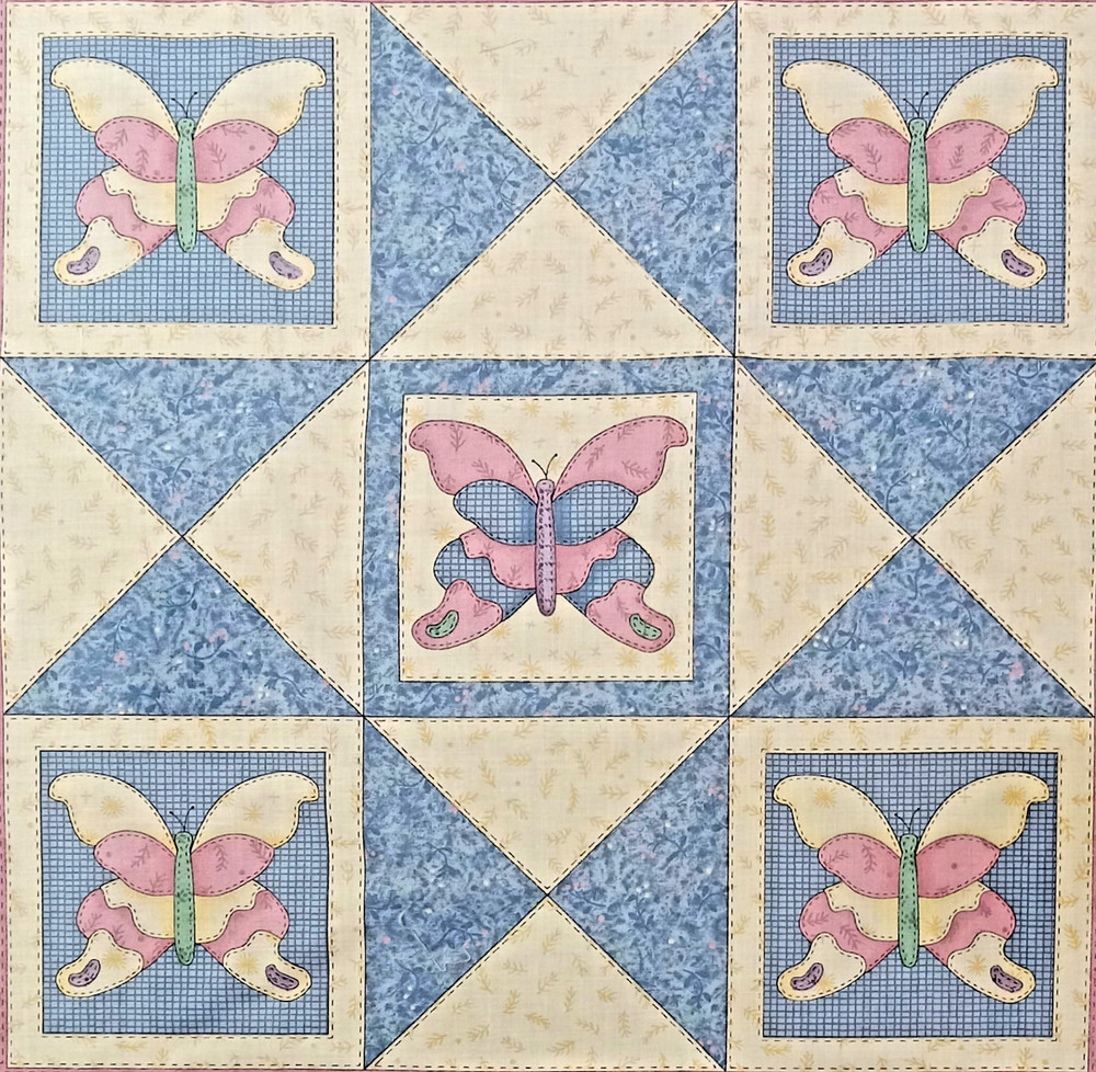 Vtg ~Pastels~”9-Patch Butterflies”~ Pink Border~Cotton Fabric Panel~ 16.5″x17″