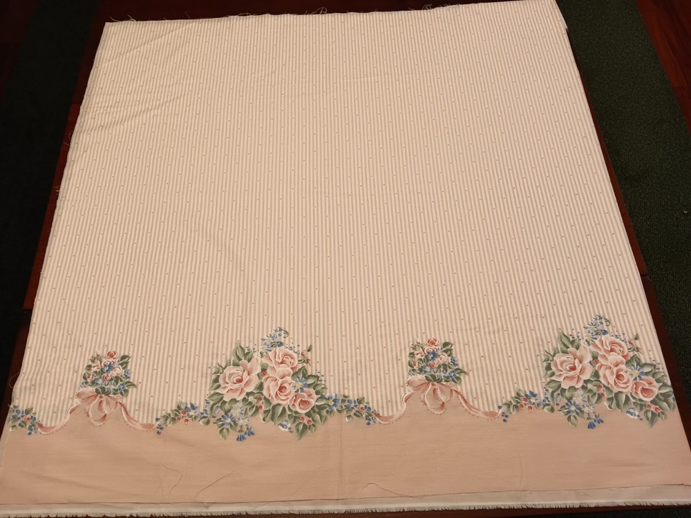 Pink & White Stripe Fabric with Single Scalloped, Floral Border – 70″ x 35″ wide