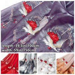 Retro Chiffon Fabric Embroidered Crane Floral Cloth Craft for Hanfu Curtain DIY