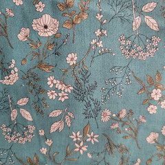 Teal Cotton Shirting from Japan, w/ White Meadow Flowers & Green Accents