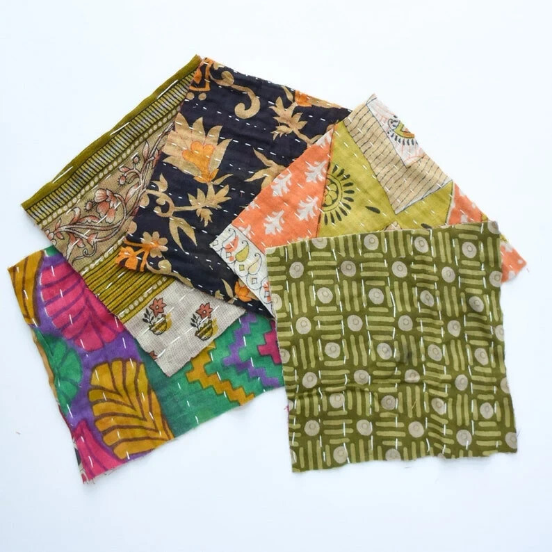 Boho Vintage kantha Scraps bundles Indian SARI Fabric Square quilt scraps crafts