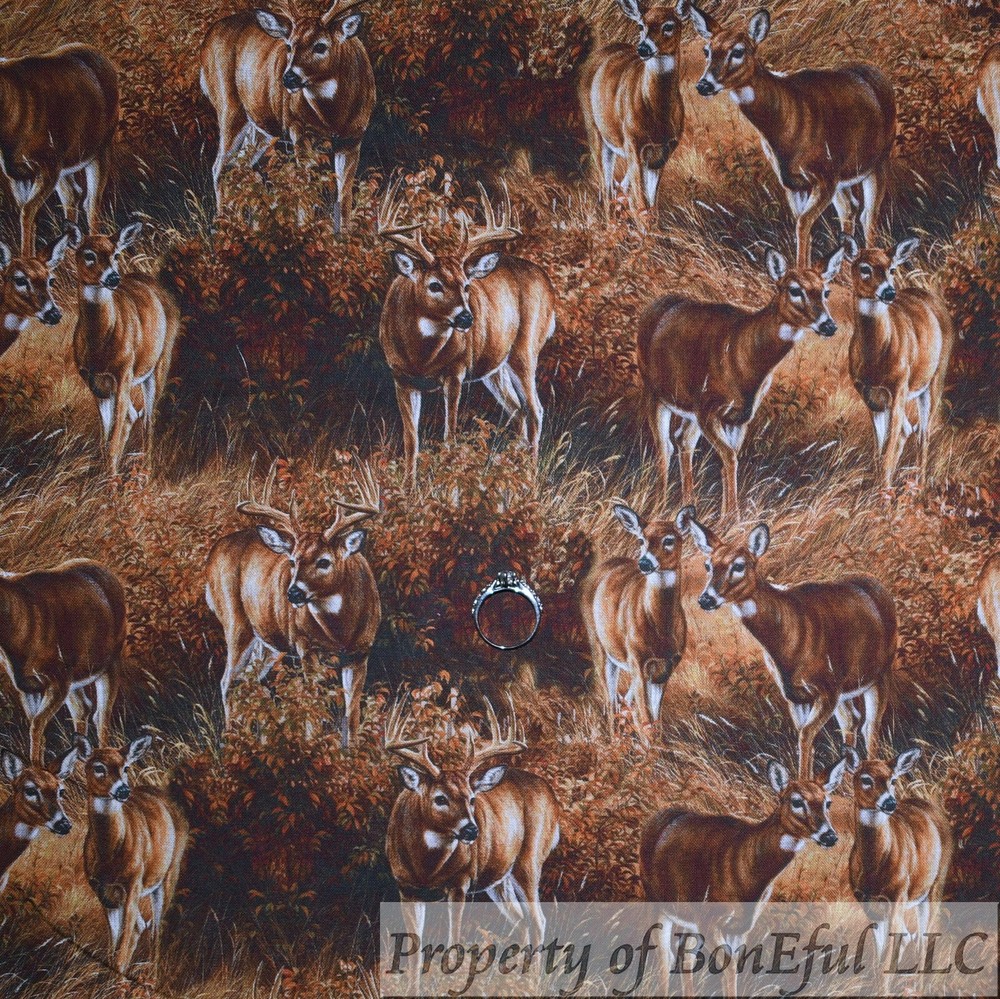 BonEful Fabric FQ Cotton Quilt Brown Deer Fawn Fall Tree Woods Nature Scenic Kid