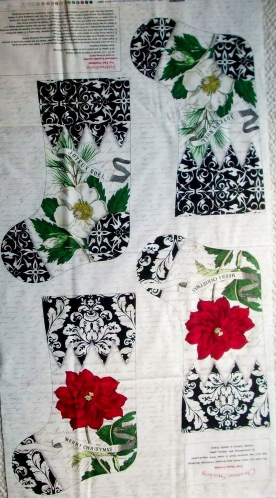 Joyeux Noel Red Poinsettia & White Magnolia Christmas Stockings Fabric Panel