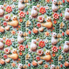 3D Easter Chicks Cotton Fabric Baby Birds Flowers Digital Print Crafts Sew 150cm