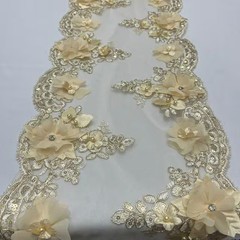 Gold Beaded Lace Table Runner – 3D Embroidered Lace with Pearls & Crystals | Lux