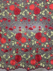 Iris RED Floral and Leaves Embroidery on BLACK Mesh Lace Fabric by the Yard – 1