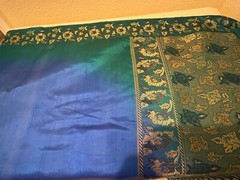 Silk Sari Blue Green Fabric Finished 92 x 44 Brocade