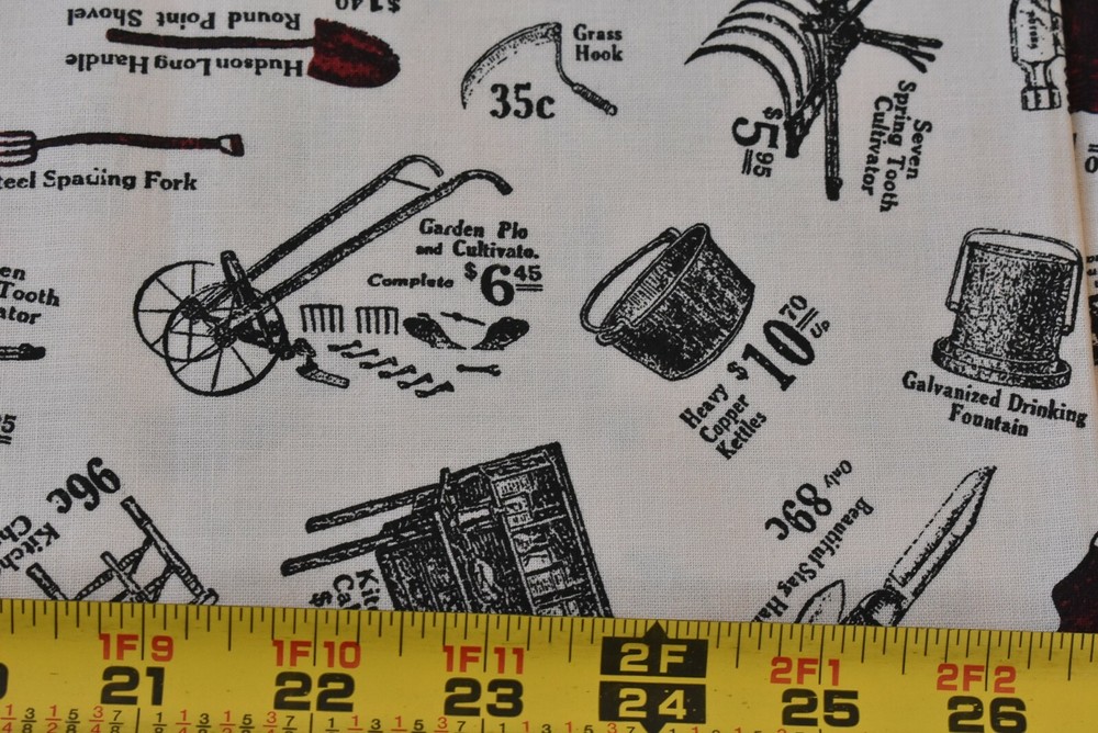 By 1/2 Yd, Vintage, Old-Fashion Hardware Store Ads on Tan Cotton, Carpin, P4303