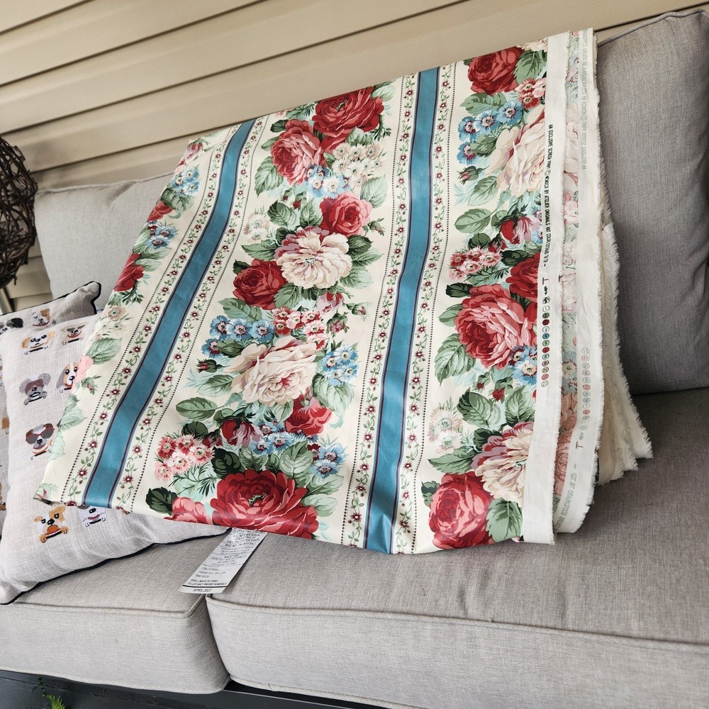 Atelier Originals Polished Fabric Croscill Cabbage Roses Floral Stripe 5.5 Yds