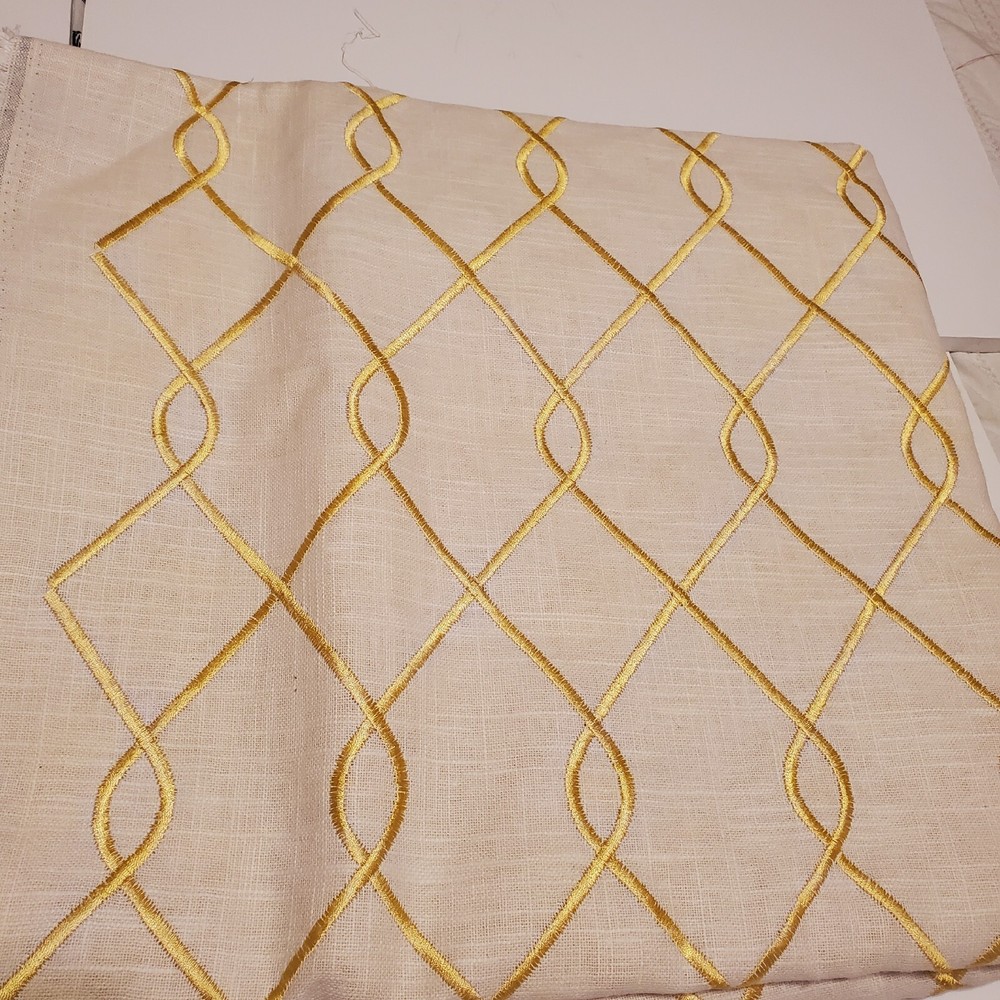 Interlocking Diamonds Gold Embroidered on White Linen 55″x108″ piece Fabric