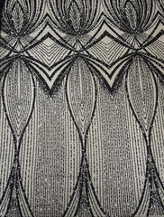 Black Beige Sequin Mesh Net Fabric Embroidered Beaded Geometric Pattern