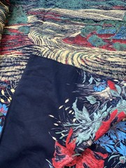 Vintage Farm Mural Fabric Flowers Hay Fields Bright Colors On Black 2 Yds 14”x34