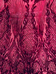 Francesca DARK PINK Vines and Diamonds Pattern Sequins on Dark Pink Mesh Lace F
