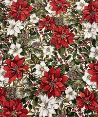 Woodland Christmas Fabric by Fabri-Quilt 3 Yds Poinsettias Pinecones Berries