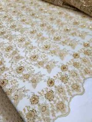 **Gold Beaded Floral Embroidered Lace Fabric – Sold by the Yard for Dresses**