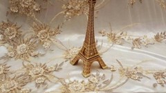 Champagne Gold Hand-Beaded Lace Fabric with 3D Floral Flowers on Mesh – Sold by