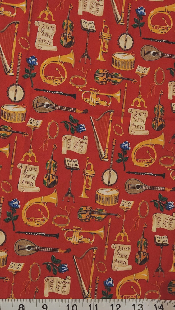vintage 1995 Classic cottons 100% cotton fabric red with musical instruments 2yd
