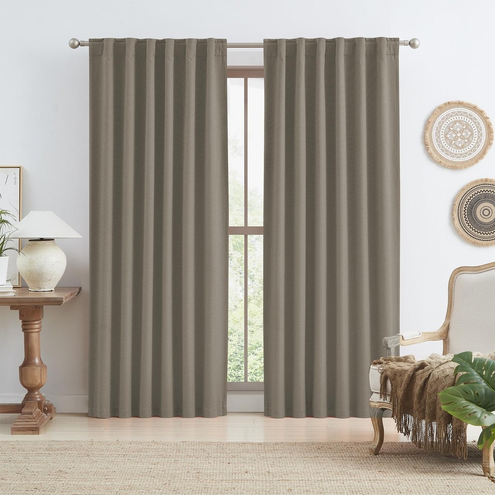 KEQIAOSUOCAI Taupe Blackout Linen Curtain Panels Back Tab, Privacy Protect Fu…