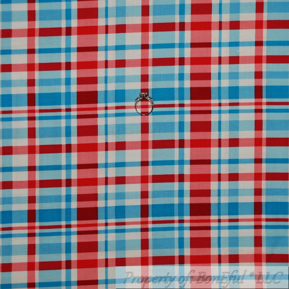 BonEful Fabric FQ Cotton Quilt White Red Blue Plaid American Flag Check Stripe S