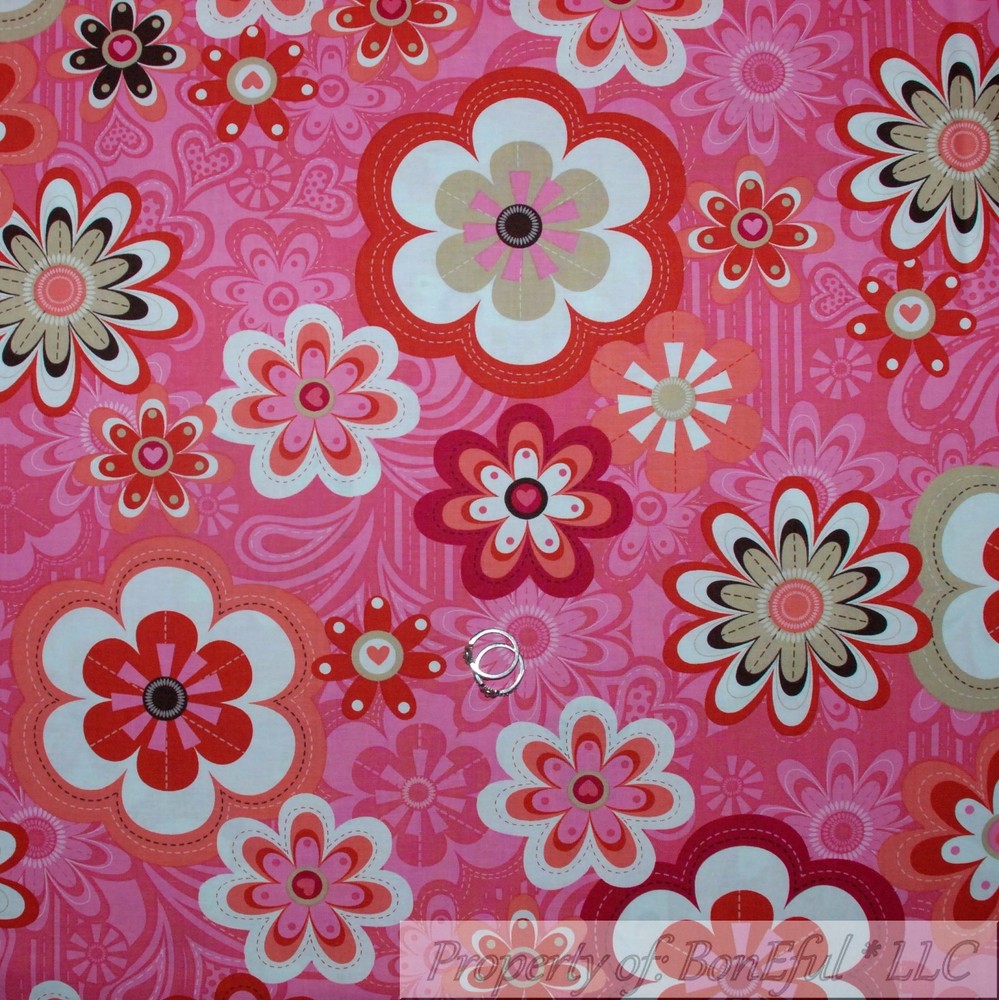BonEful Fabric FQ Cotton Quilt Pink White Red Flower Dot Valentine Love Heart US