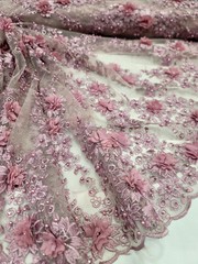 Mauve Lace 3d Floral Design Embroidered Mesh 3d Lace Fabric By The Yard Pearls