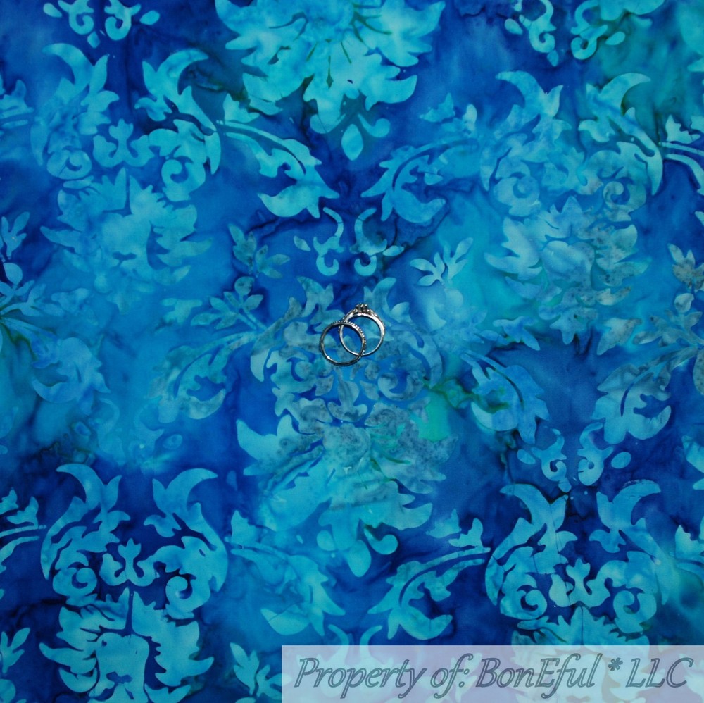 BonEful FABRIC FQ Cotton Quilt Blue Teal Aqua Water Damask BATIK Pattern Print L