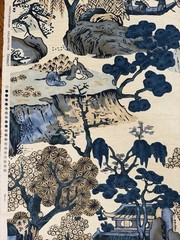 Thibaut F975461 Asian Scenic Blue and Beige Fabric 4 Yards