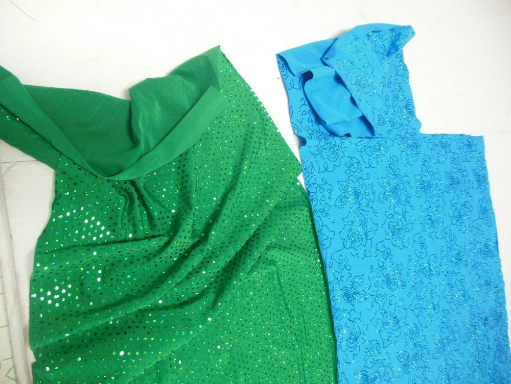Lot of 2 fabric remnants Specialty Spandex foiled dot and glittered green blue