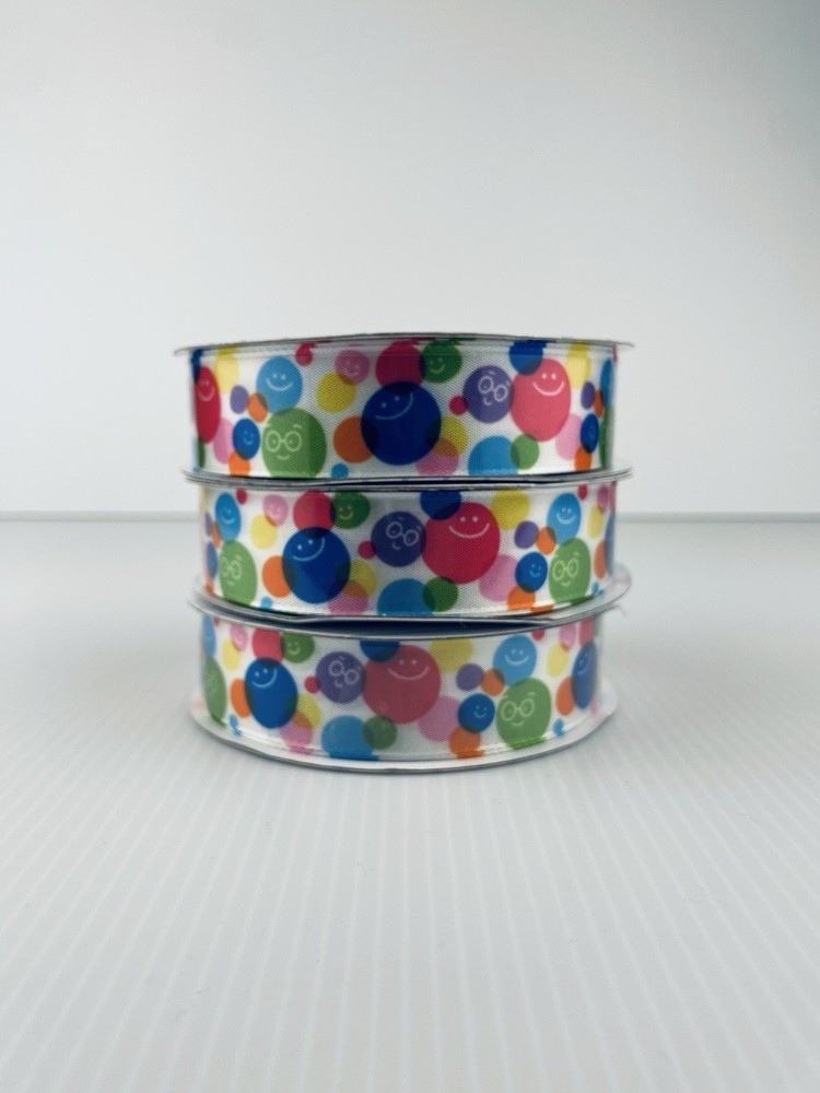 3 Spools of Colorful Polka Dots and Smiley Faces Ribbon 7/8 in. X 10 yd each
