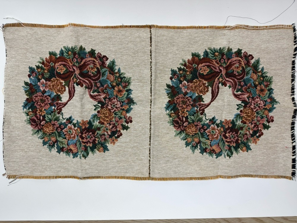 2 Tapestry Pillow Floral Wreath Panels Bow Burgundy 14×14 Throw Pillow