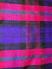 VIBRANT PLAID FABRIC 100% SILK DUPION SLUB TEXTURE MAGENTA VIOLET BLUE BLACK BTY