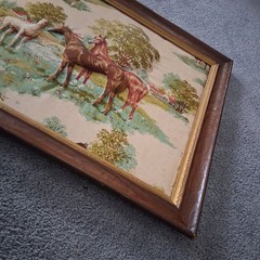 Vintage Trapunto 3-D Puff Fabric Horse Scene In Wooden Frame Ready To Hang