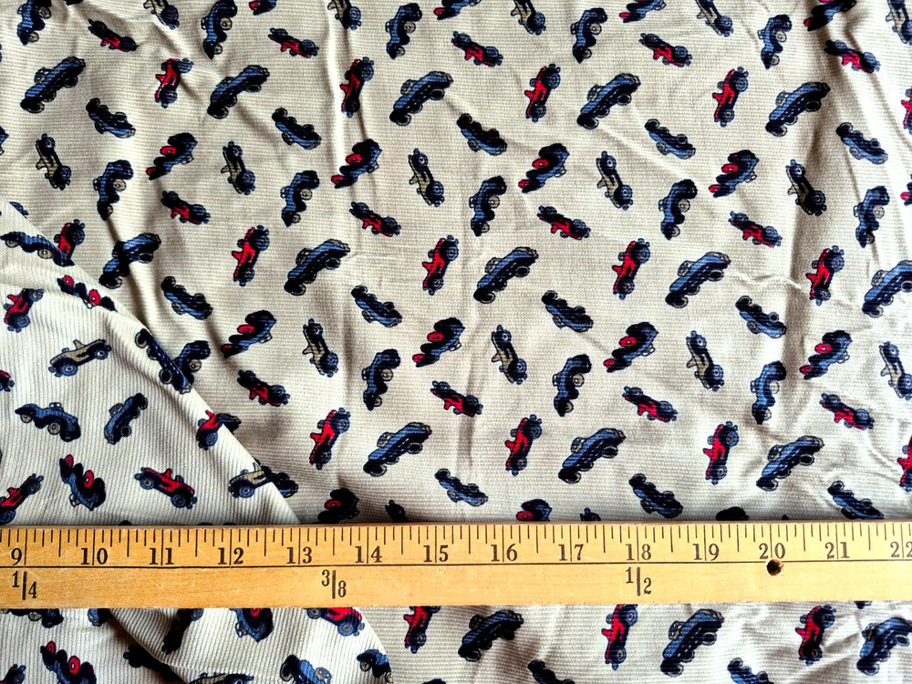 MULTI CARS ON TAN 100% COTTON CORDUROY FABRIC SMALL WALE 67X42″ 1.8 YARDS